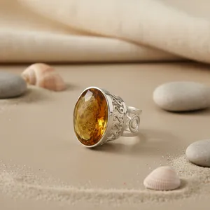 925 <b>Silver</b> Citrine Cocktail <b>Ring</b> Women Fashionable Rose Gold Plated Stainless Steel Inlay Gemstone Jewelry Tarnish-Free 18K - Product Image 1