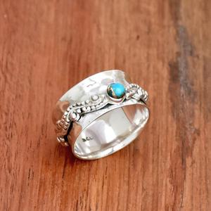 Blue Copper Turquoise Silver <b>Ring</b> 925 Filigree Band <b>Chunky</b> Hammered Meditation Jewelry - Product Image 3