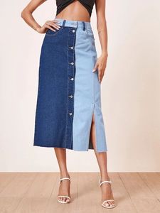 Falda midi vaquera de cintura alta para mujer, corte en A, color liso, con abertura frontal, estilo casual, tela de algodón desgastada, estilo veraniego - Product Image 2