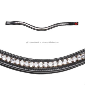 Export Quality Contrast Edge Stitching Empty Channel Leather Horse brow band with Large <b>Shining</b> Green Crystals Bling Chain - Product Image 1