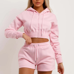 Conjunto de Top Corto y Pantalones Cortos Cómodos para Mujer, con Logotipo Personalizado, Sudadera con Cierre, Capucha con Cordón, Técnica de Bordado, Decoración con Cremallera - Product Image 5