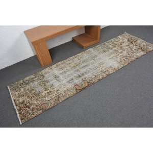 Alfombra de lana verde beige vintage de 2,5x8,3 pies, hecha a mano, turca, área grande, rectángulo abstracto, diseño de retazos para pasillo, látex para habitaciones - Product Image 2