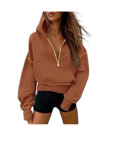 Jersey de invierno de manga larga personalizado para mujer, Sudadera con capucha recortada con media cremallera y logotipo de tela tejida estampado estilo Streetwear en la parte delantera - Product Image 2