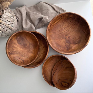 Bol de service en bois massif poli, léger, pour aliments et fruits, forme ronde, design traditionnel pour la table et la décoration de mariage - Product Image 6