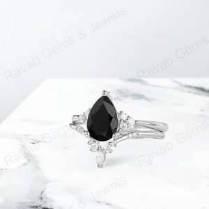 Bague de fiançailles en argent sterling 925 de qualité supérieure, onyx noir naturel, forme poire 7x9 mm, sertie en bélière, ensemble de mariage pour femme, fabrication artisanale, luxe raffiné - Product Image 5