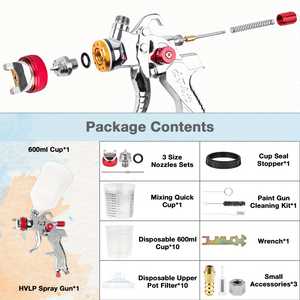 Kit de Pistola de Pulverización HVLP 2008 con Boquillas de 1.4/1.7/2.0MM, 10 Vasos Desechables de 600ML, Cepillo de Limpieza, Llave Inglesa, Tipo de Alimentación por Gravedad - Product Image 3