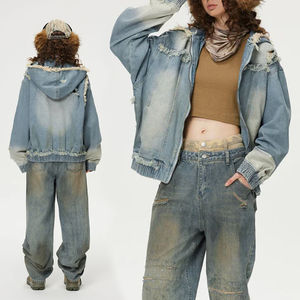 Veste en jean de blé ligne délavée à l'acide pour femme Logo personnalisé et veste à capuche zippée en denim de haute qualité - Product Image 4
