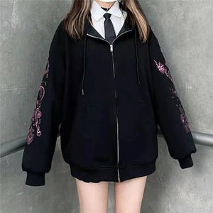 Versión coreana 2025 nueva ropa de calle con cremallera manga Rosa estampado sudaderas con capucha compras Casual Color negro sólido suave y cálido Simple Y2K - Product Image 6