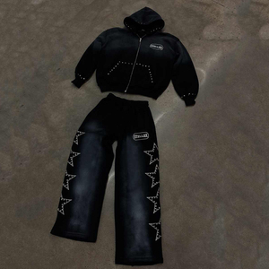 Wholesale Men's Winter Thermal Streetwear 100% Cotton Fleece Two-Piece Acid Wash Digital Printing Flare Sweatpants 370g Zip-<b>Up</b> - Product Image 5