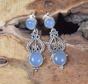 Calcédoine bleue 925 argent Sterling pierres précieuses concepteur fait à la main boucle d'oreille personnalisée pour les femmes bijoux de Piercing fin personnalisés - Product Image 5