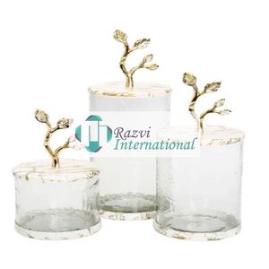 Floral Design <b>Glass</b> Canister With Marble Lid Best Quality Restaurant and Hotel Serving <b>Sweet</b> Box Canisters <b>Jars</b> - Product Image 4