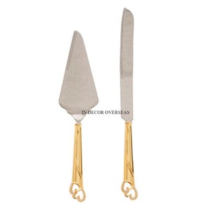 Hammered Texture High Grade Gold Plated Handles For Silver Shiny Polished Prime Quality Metal <b>Cake</b> <b>Server</b> And Knife From India - Product Image 5
