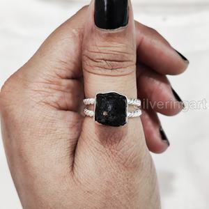 Joyería de piedra cruda para mujer anillo de turmalina negra Natural piedra preciosa octubre piedra natal giro doble banda fiesta 925 anillo de plata esterlina - Product Image 4