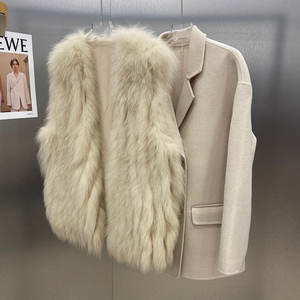 Abrigo de cachemira XL de moda para mujer con chaleco de piel de zorro desmontable de cuello alto, tejido transpirable teñido con estampado de piel sintética de cuello alto largo - Product Image 4