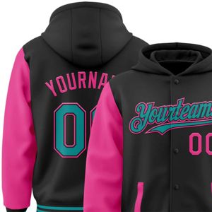 OEM personalizado fabricante negro verde azulado-Rosa bombardero Full-Snap Varsity Letterman chaqueta con capucha de dos tonos - Product Image 6