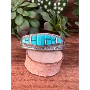 Navajo Kingman Turquoise & Sterling <b>Silver</b> Cobblestone Tufa Cast Fashionable <b>Cuff</b> <b>Bracelet</b> - Product Image 1