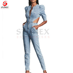 2023 último diseño mujer Denim Casual mono al por mayor Puff manga cremallera cierre recortado cintura mameluco para primavera - Product Image 2