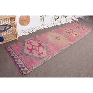 Alfombra turca Vintage bohemia de 3x11 pies, patrón de retales de estilo clásico, de lana rosa y naranja Material, respaldo de látex para cabecera de entrada - Product Image 3