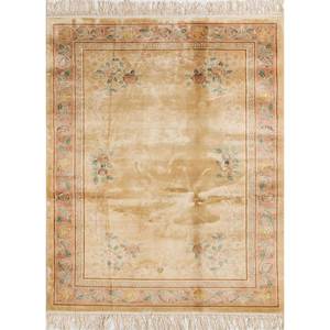 Tapis en soie noué à la main Gulmarg Pae-5101 doré, motif floral chinois traditionnel, épaisseur 10 mm, rectangulaire, pour couloir, idéal pour la maison des adolescents - Product Image 1