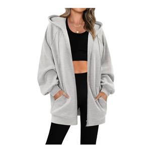 Sudadera con capucha informal de color liso con cremallera suelta Abrigo de manga larga Logotipo frontal y bolsillos para tops de otoño y verano - Product Image 4