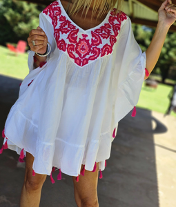 Bohemian Elegant Women's 100% Cotton Embroidery Eco-Friendly Floral Sleeveless Mini Summer <b>Kaftan</b> <b>Dress</b> - Product Image 3