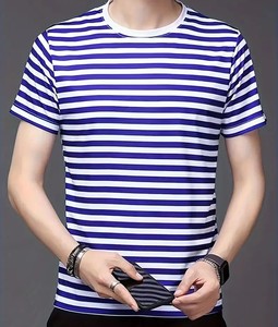 Camiseta a rayas de verano para hombre, informal, cuello redondo, manga corta, 100% poliéster, lavable a máquina, adecuada para verano y otoño - Product Image 1