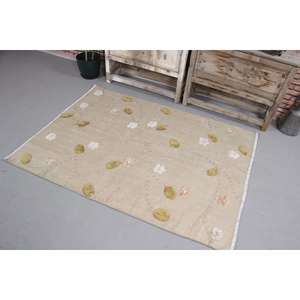 พรมตุรกีวินเทจ ขนาด 3.8x5.2 ฟุต พรมคิลิม พรมลายปะติดสีเบจ - Product Image 1