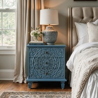 Table de chevet vintage en bois sculpté bleu avec 3 tiroirs, armoire de rangement en bois de style farmhouse pour chambre à coucher et salon