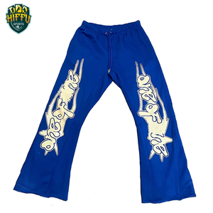 Custom Made <b>Men's</b> Flared <b>Trousers</b> with Puff <b>Print</b> Breathable Fleece Stacked Pants Urban Casual Sweatpants 100% cotton <b>Trousers</b> - Product Image 2