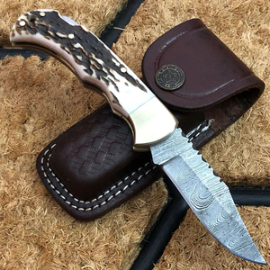 Couteau utilitaire à lame coulissante pleine soie, manche en bois, lame en acier Damas, OEM, garantie 3 ans, étui en cuir - Product Image 2