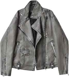 Femmes rétro Vintage lâche Faux cuir veste printemps automne Streetwear avec fermeture éclair manteau et ceinture respirant gris Pu Outwear - Product Image 1