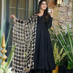 Conjunto de Salwar Kameez de Seda para Mujer, Estilo Étnico, Multicolor, Liso, Elegante, con Gran Vuelo, para Fiestas de Invierno y Uso Diario - Product Image 1