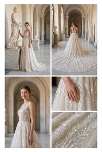 Robe de mariée en dentelle ivoire avec appliques, col en V, sans manches, longueur au sol, avec fermeture éclair pour la mariée - Product Image 4
