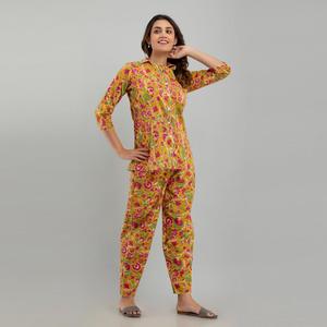 Women's Mustard Cotton Floral Print Sleep Dress ODM Casual Night <b>Suit</b> Button Closure Custom Logo Soft Woven Animal Cartoon - Product Image 3