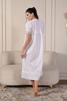 Camisón largo blanco 100% algodón, bordado, con cuello mandarín, manga acampanada, pliegues, corte holgado, estilo vintage, dulce