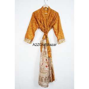 Bata Kimono de Seda Tejida a Mano India, Cuello en V, Cierre con Cordón, Diseño de Parches, Mangas Tres Cuartos, para Mujer, para las Cuatro Estaciones - Product Image 6