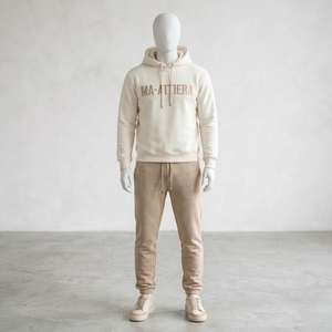 <b>Men</b> Cream Hoodie Tracksuit Set <b>Pullover</b> Jogger Pants Basic Premium Sportswear Training Gym Running Fitness Casual Activewear Top - Product Image 1