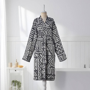MixGeo Turkish Bathrobe <b>Black</b> & White Jacquard, <b>Kimono</b>, 100% Cotton - Product Image 3