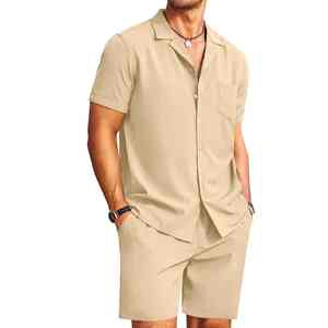 Ensemble de tenue estivale 2 pièces pour homme 2026, élégant et de qualité supérieure, comprenant un t-shirt à manches courtes boutonné et un short, 100 % coton, séchage rapide - Product Image 6