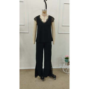 Conjunto de dos piezas de blusa y pantalón de encaje con cuello en V y manga corta para mujer, 35199 - Negro - Product Image 5
