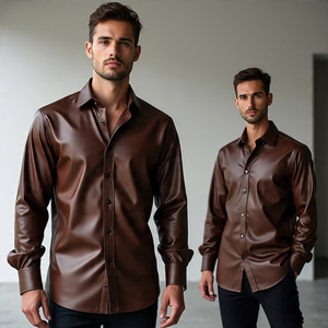 Camisa de piel de oveja auténtica para hombre, prendas de vestir exteriores abotonadas con doble bolsillo y cierre de botón de cuerno con cuello vuelto, venta al por mayor - Product Image 2