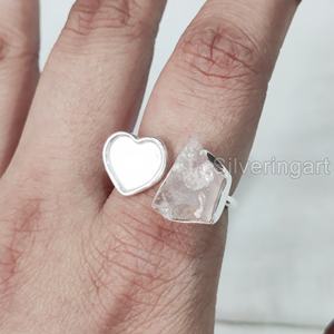 Joyería de piedra en bruto, anillo para mujer, piedra preciosa de cuarzo rosa crudo Natural, piedra natal de abril, anillo ajustable con corazón, anillo de Plata de Ley 925 - Product Image 2