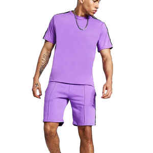T-shirt col rond violet épaules tombantes correspondant 2 pièces t-shirt et short ensemble hommes survêtement survêtement chemise short ensemble pour l'été - Product Image 6