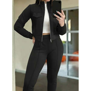 Ensemble deux pièces pour femme, veste courte en modal à fermeture éclair sur le devant et pantalon, 29864 - Noir - Product Image 2