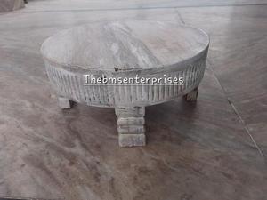 Rustic Wooden Farmhouse <b>Round</b> <b>Stool</b> Whitewash Wooden Chakki Display Stand Beautiful Carved Wooden Central Coffee Table - Product Image 4