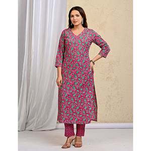 Pink Hand-Drawn Jaal Block Printed Cotton Kurta Pant Set Mulmul Dupatta Ethnic Indian Salwar Kameez for Occasions <b>Net</b> <b>Fabric</b> - Product Image 5