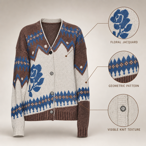 Cardigan en laine vintage pour femme, motif jacquard rose, col en V, boutonné, tricoté, motif géométrique Fair Isle, pour femme, décontracté, quotidien, OEM - Product Image 3