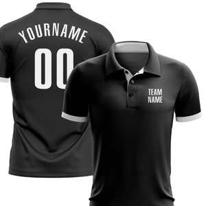 เสื้อโปโลสีดำแบบซับลิเมชั่นสั่งทำพิเศษ พร้อมดีเทลสีขาว ชื่อทีมและหมายเลขผู้เล่นส่วนตัว ดีไซน์ทันสมัย สวมใส่สบาย เหมาะสำหรับกีฬา - Product Image 4