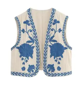 Women Vintage Floral Embroidered Open WaistCoat Ladies cotton Style Vest Jacket Outfits Casual Vacation Crop Top
