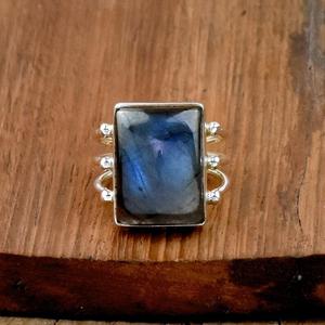 แหวนสี่เหลี่ยมลายลาบราดอร์สีฟ้า925พลอยขนาดใหญ่สามวงแหวนเส้นใหญ่ - Product Image 1